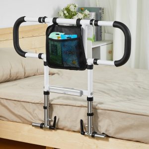 Assist bed safety rail with storage pocket for senior fall prevention