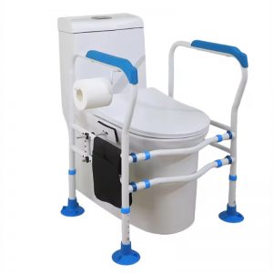 Adjustable free standing toilet safety rails for senior bathroom fall prevention
