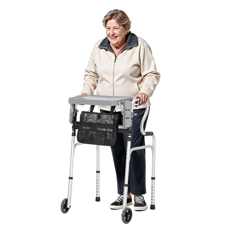 Height adjustable rollator walker with seat for tall and petite seniors