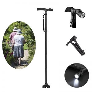 Foldable walking cane with LED light and pivoting quad base for senior safety