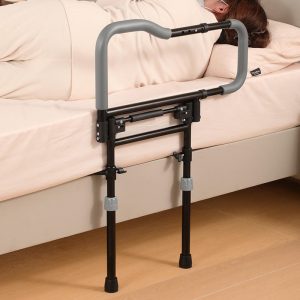 Adjustable bed safety rail with storage pocket for senior fall prevention