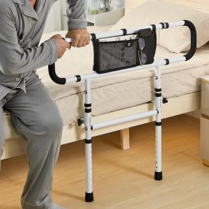 Assist bed safety rail with storage pocket for senior fall prevention