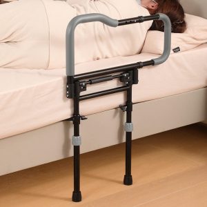 Adjustable bed safety rail with storage pocket for senior fall prevention