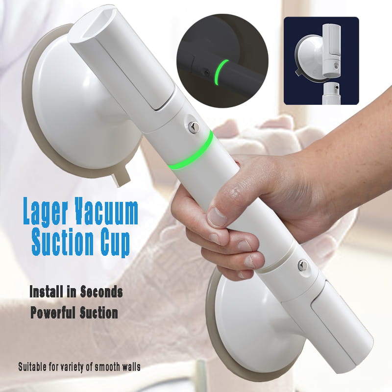 Heavy duty suction cup handrail with green safety indicator light for bathroom safety