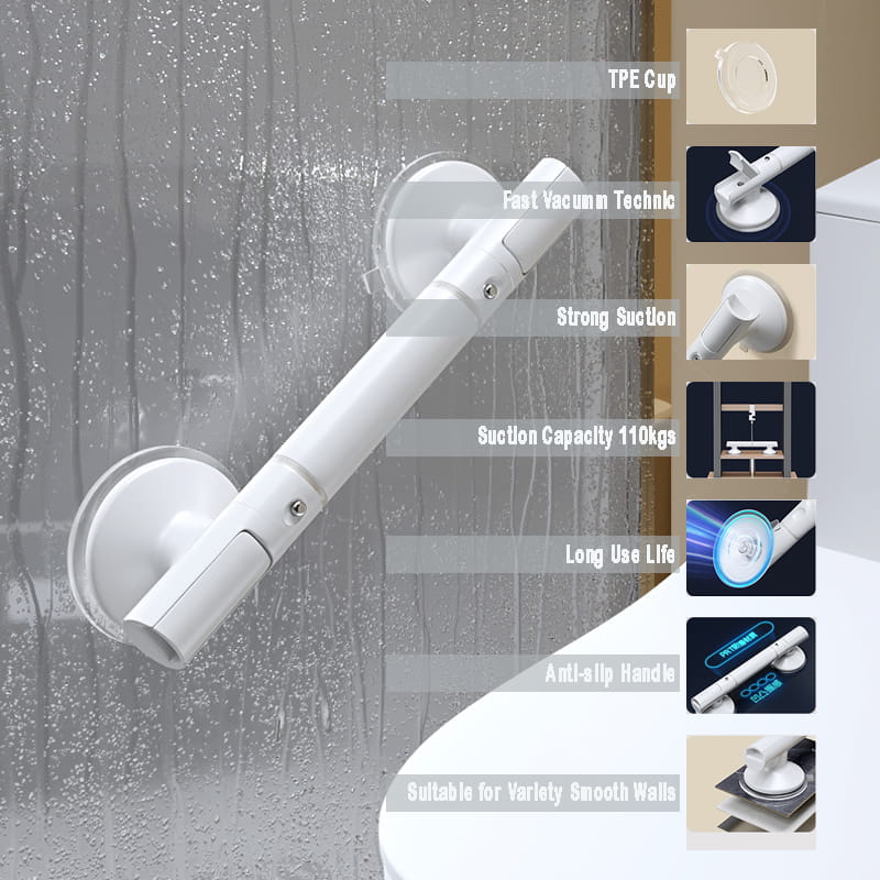 Heavy duty suction cup handrail with green safety indicator light for bathroom safety
