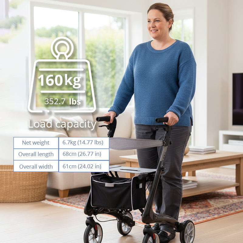 Lightweight foldable rollator walker with seat and backrest for senior travel