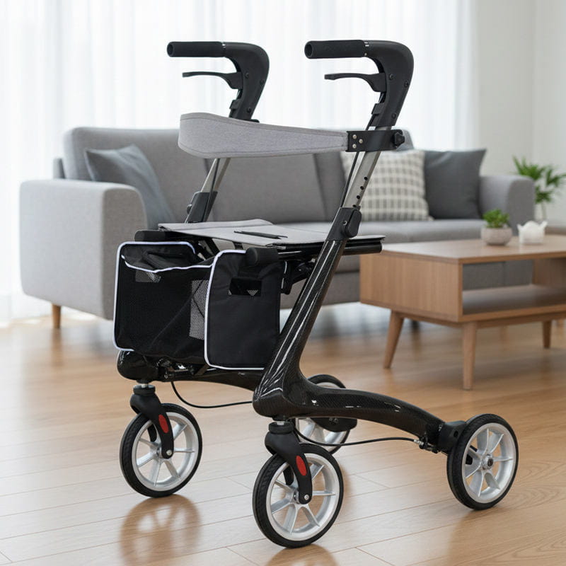 Lightweight foldable rollator walker with seat and backrest for senior travel