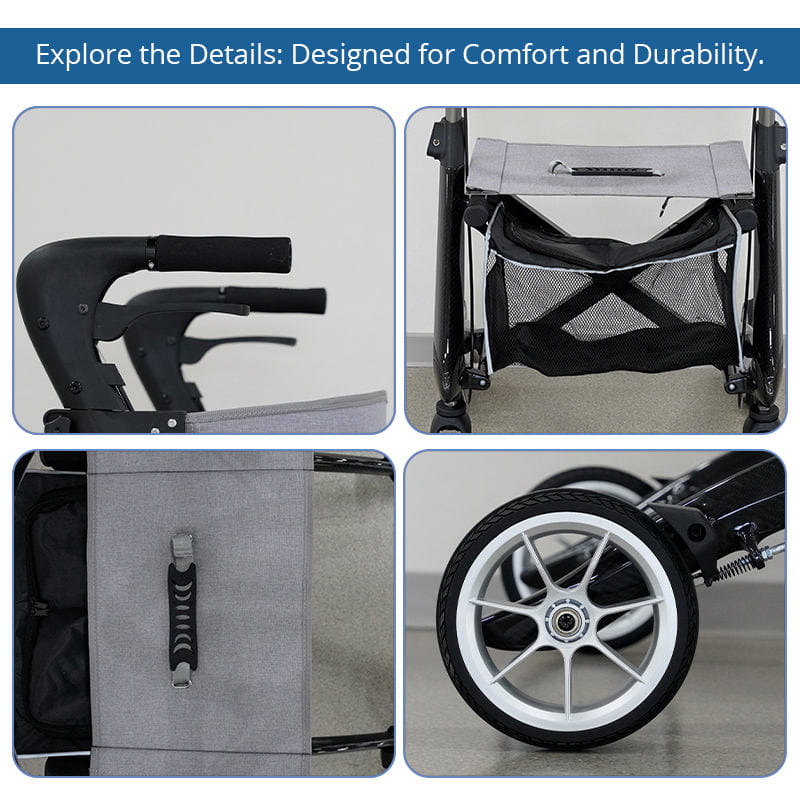 Lightweight foldable rollator walker with seat and backrest for senior travel