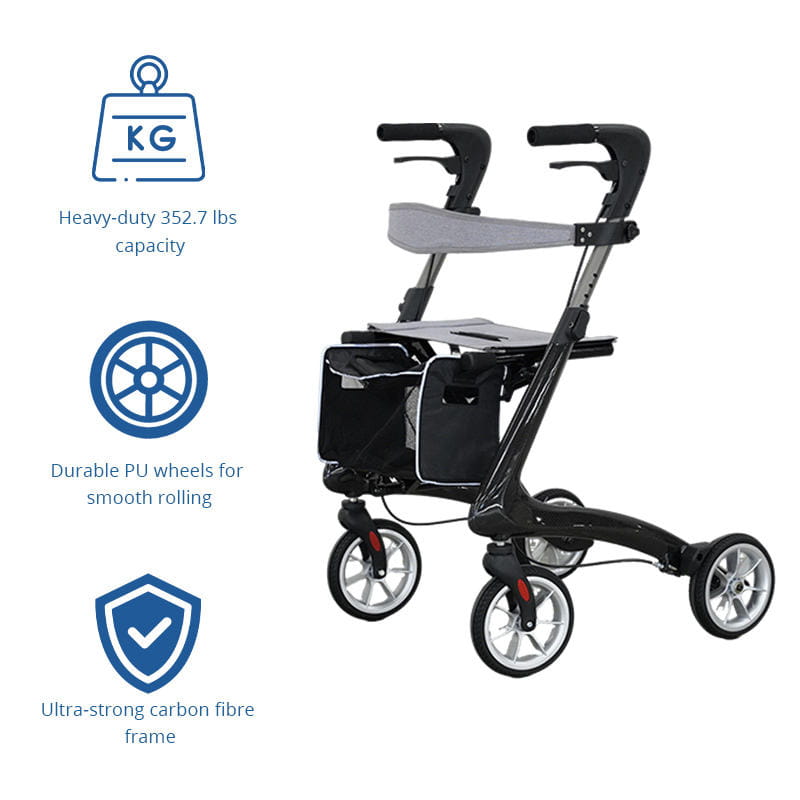 Lightweight foldable rollator walker with seat and backrest for senior travel