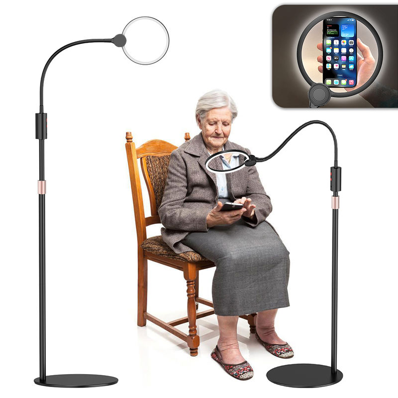 Floor standing magnifying glass with LED light and adjustable gooseneck for reading and crafts