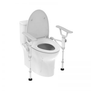 Adjustable toilet grab bars with support legs for senior bathroom safety and fall prevention