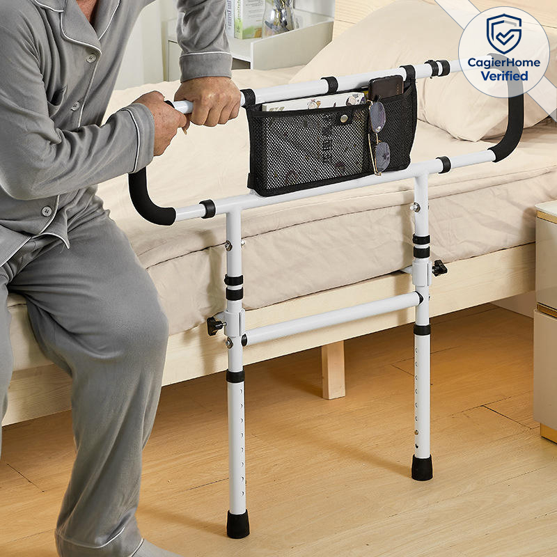 Assist bed safety rail with storage pocket for senior fall prevention