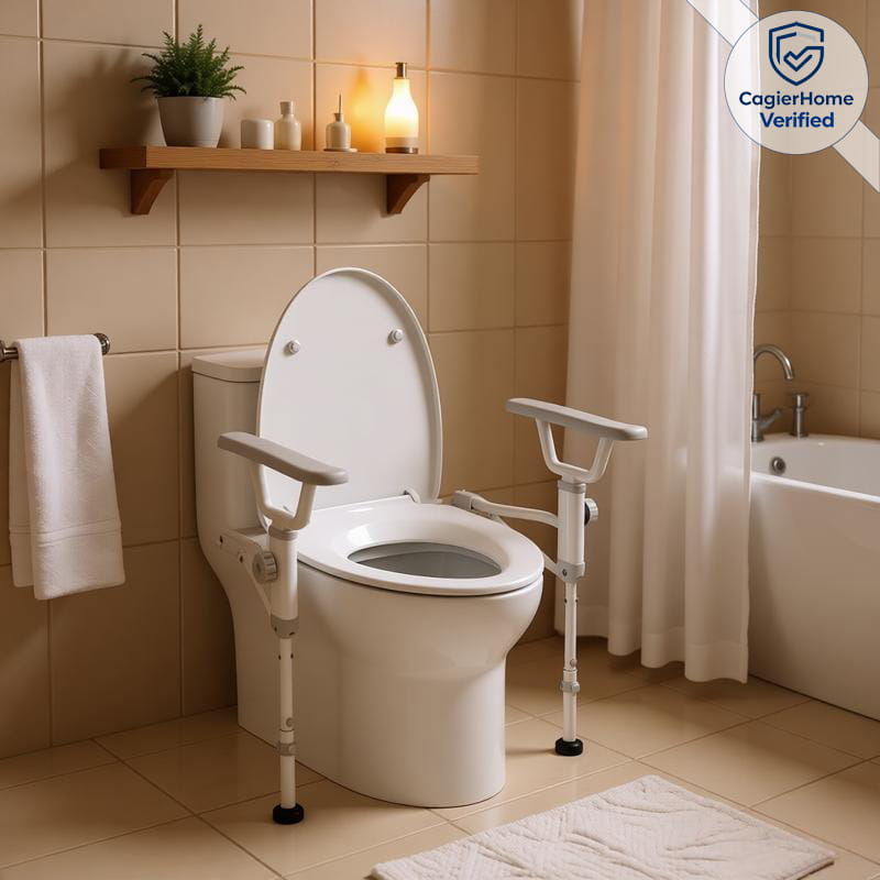 Adjustable toilet grab bars with support legs for senior bathroom safety and fall prevention