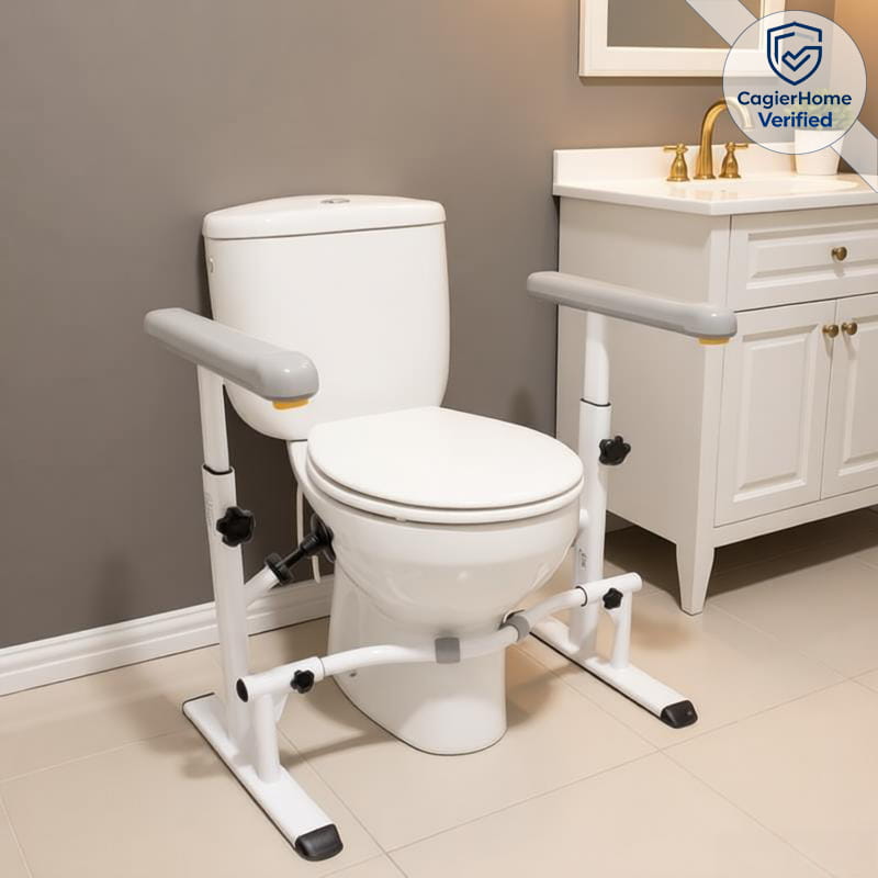 Free standing toilet grab bars for senior safety and no-drill bathroom installation